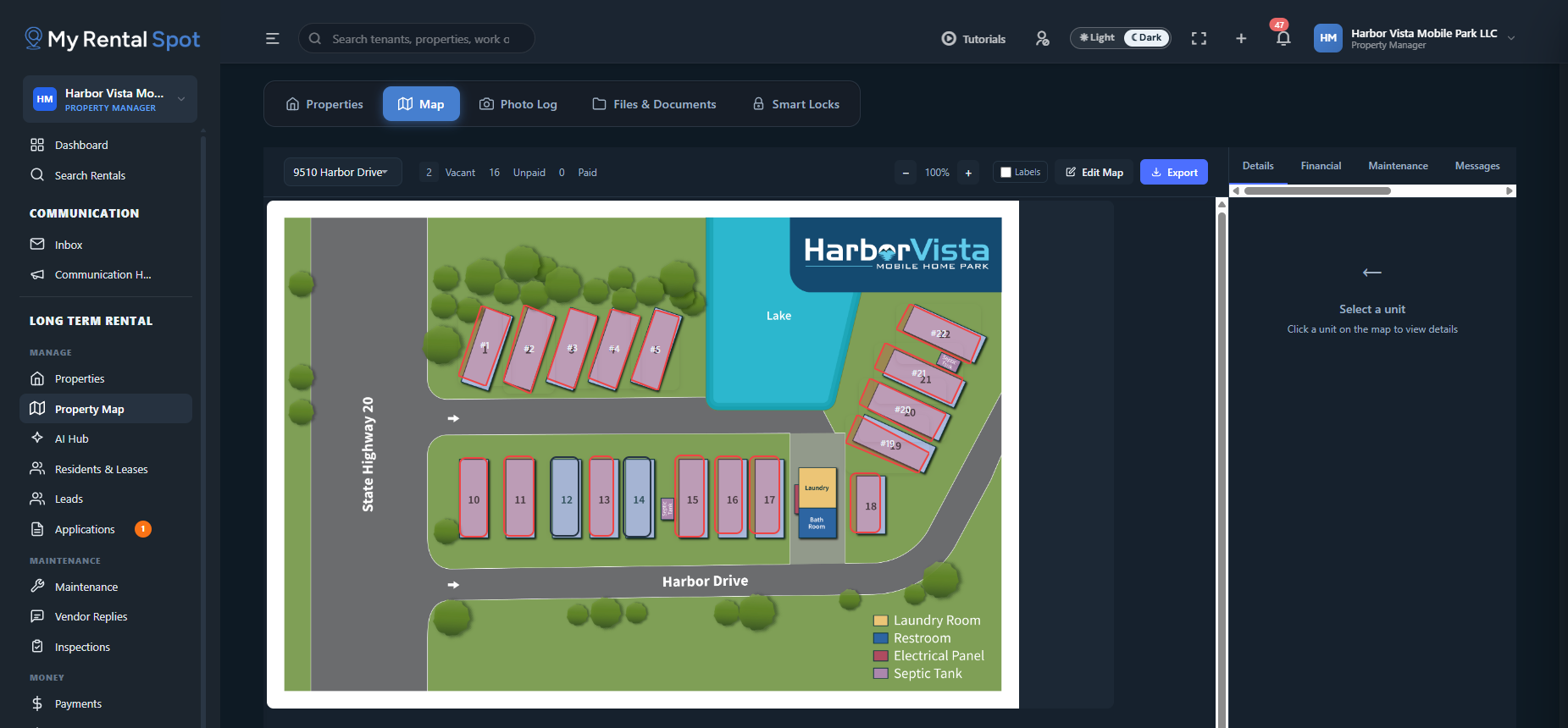 Harbor Vista interactive property map with 18 numbered lots, lake, laundry and occupancy colouring.
